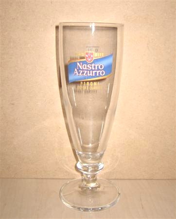 beer glass from the Peroni brewery in Italy with the inscription 'Birra Beer Nastro Azzurro Peroni Export Quality'