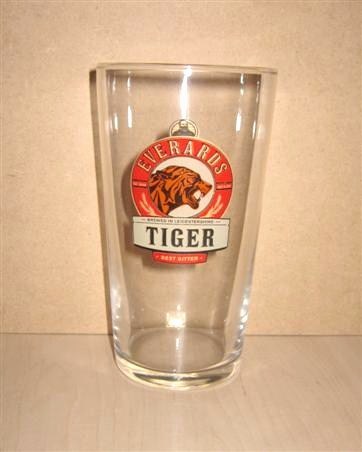 beer glass from the Everards brewery in England with the inscription 'Everards Brewed In Leicestershire Tiger Best Bitter'