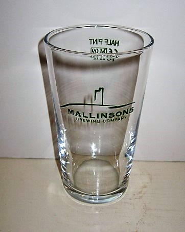 beer glass from the Mallinsons brewery in England with the inscription 'Mallinsons Brewing Company'