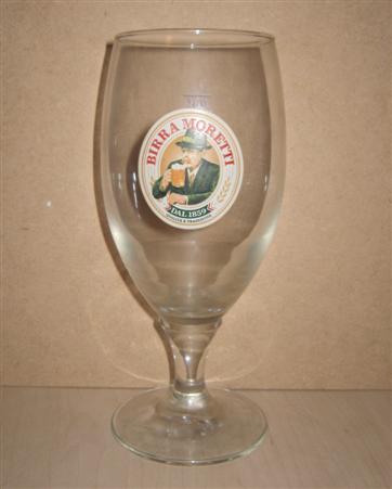 beer glass from the Moretti brewery in Italy with the inscription 'Birra Moretti Dal 1859 Qualita E Tradizione'