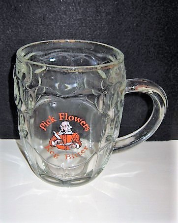 beer glass from the Flowers brewery in England with the inscription 'Pick Flowers Keg Bitter'
