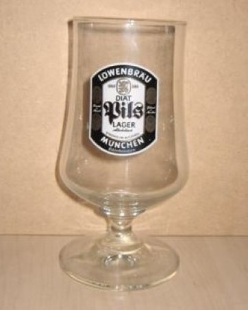beer glass from the Lowenbrau brewery in Germany with the inscription 'Lowenbrau Since 1363 Diat Pils Larger Stronge in Alcohol Munchen'