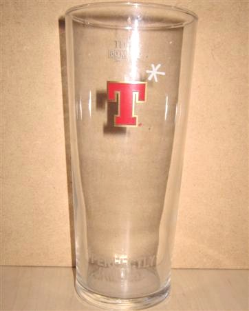 beer glass from the Tennent's brewery in Scotland with the inscription 'T. Perfectly Chilled'