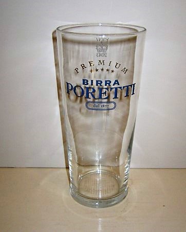 beer glass from the Poretti brewery in Italy with the inscription 'Premium Birra Poretti Dal 1877'