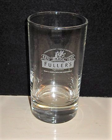 beer glass from the Fuller's brewery in England with the inscription 'Independent Family Brewers. 1845 Griffin Brewery Fuller's Chiswick. Enjoy A Sample With Our Complements'