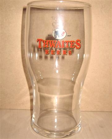 beer glass from the Thwaites brewery in England with the inscription 'Est 1807 Thwaites Beers'