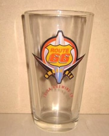 beer glass from the Tulsa Brewing Co brewery in U.S.A. with the inscription 'Route 66 Amber Ale Tulsa Brewing Co'