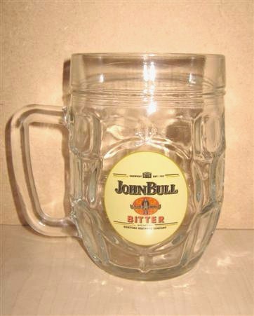 beer glass from the Ind Coope brewery in England with the inscription 'John Bull Bitter Brewed By Romford Brewery Company'