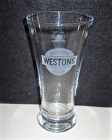 beer glass from the Westons Cider brewery in England with the inscription 'English Ciders Westons ESTD 1880'