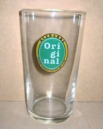 beer glass from the Everards brewery in England with the inscription 'Everards Original Premium Strength Cask Ale ABV 5.2'