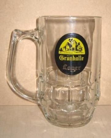 beer glass from the Greenall Whitley  brewery in England with the inscription 'Grunhalle Lager'