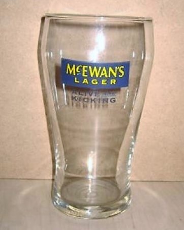 beer glass from the McEwan's brewery in Scotland with the inscription 'McEwan's Lager. Alive And Kicking'