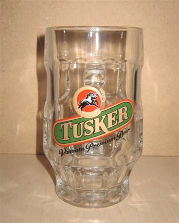 beer glass from the Vanuatu brewery  brewery in Vanuatu with the inscription 'Tusker Vanuatu Premium Beer'