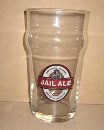 beer glass from the Dartmoor Brewery  brewery in England with the inscription 'Dartmoor Brewery Jail Ale Brewed On Dartmoor'