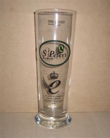 beer glass from the St Peter,s Brewery  brewery in England with the inscription 'St Peter;s Brewery The Queen's Awards For Enterprise International Trade 2006'