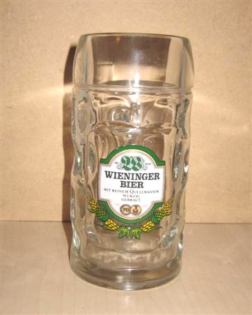 beer glass from the MC Wieninger brewery in Germany with the inscription 'Wieninger Bier Mit Reinem Quellwasser Wurzig Gebraut'