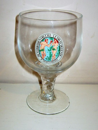 beer glass from the Hoegaarden  brewery in Belgium with the inscription 'De Verbodnvrucht Le Fruit Defendu Br Hoegaarden'