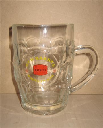 beer glass from the Watney Mann brewery in England with the inscription 'Red Barrel Watneys Keg. Watneys'