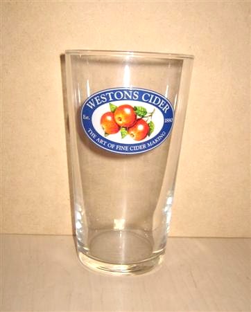 beer glass from the Westons Cider brewery in England with the inscription 'Westons Cider Est 1880. The Art Of Fine Cider Making'