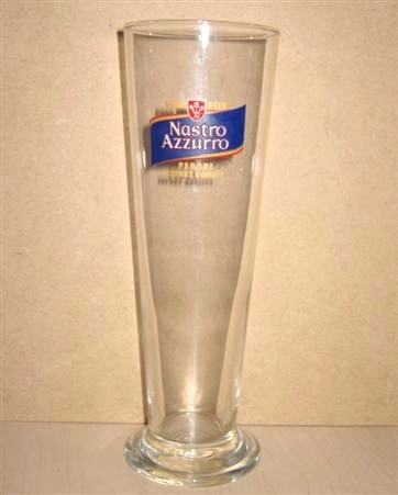 beer glass from the Peroni brewery in Italy with the inscription 'Birra Beer Nastro Azzurro Peroni Export Quality'