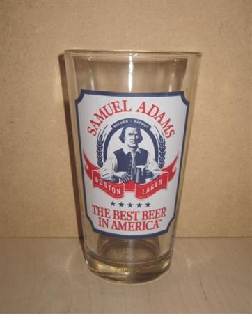 beer glass from the Boston Beer Co brewery in U.S.A. with the inscription 'Samuel Adams Boston Lager. The Best Beer In America. Smith's Natural Lager'