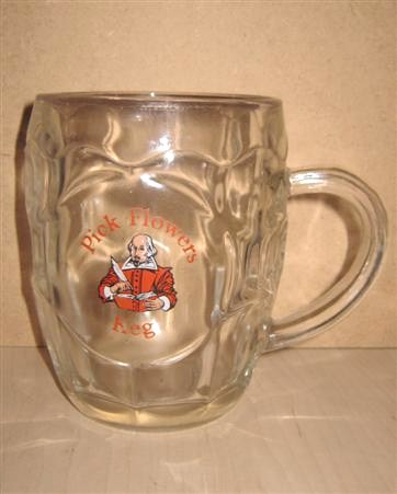 beer glass from the Flowers brewery in England with the inscription 'Pick Flowers Keg'