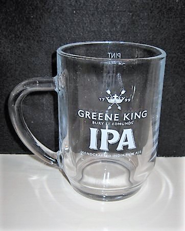 beer glass from the Greene King brewery in England with the inscription 'Greene King Bury St Edmonds IPA India Pale Ale'