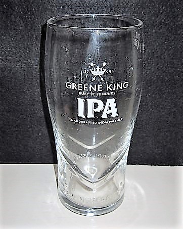 beer glass from the Greene King brewery in England with the inscription '1799 Green King. Bury St Edmounds IPA. Handcrafted India Pale Ale. Brewing Perfection '