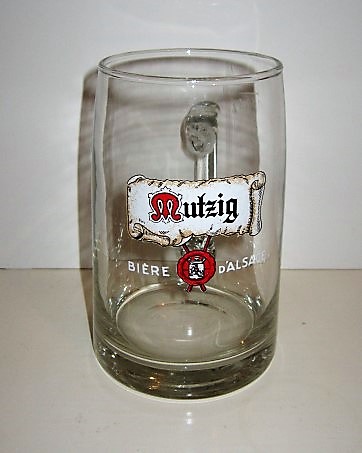 beer glass from the Mutzig brewery in France with the inscription 'Mutzig Biere D'Alsace'