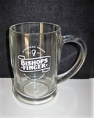 beer glass from the Shepherd Neame brewery in England with the inscription 'Shepherd Neame Since 1698. Bishops Finger Britain's Oldest Brewer'