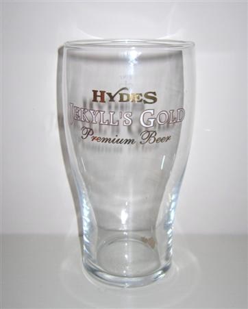 beer glass from the Hydes brewery in England with the inscription 'Hydes Jekyll's Gold Premium Beer'