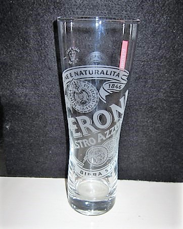 beer glass from the Peroni brewery in Italy with the inscription 'Dal Tradizione E Naturalita 1846 Peroni Nastro Azzurro Birra Superiore'