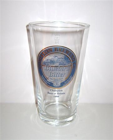 beer glass from the Coniston Brewing Co brewery in England with the inscription 'Coniston Brewing Co. Bluebird Bitter Champion Beer Of Britain 1998 '