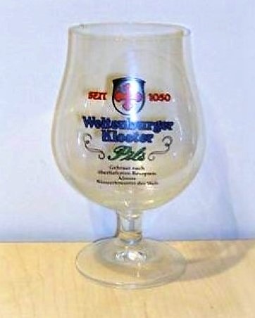 beer glass from the Klosterbrauerei Weltenburg brewery in Germany with the inscription 'Seit 1050 Weltenburger Kloster Pils'