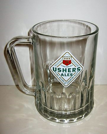 beer glass from the Ushers brewery in England with the inscription 'Usher's Traditional Bitters Brewed At Ushers Wiltshire Brewery'