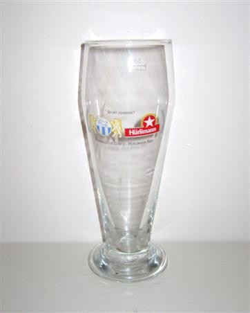 beer glass from the  Hurlimann brewery in Switzerland with the inscription 'Spor Verbindet FC2 Hurlimann Fussball Zurich Hurlimann Bier'