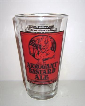 beer glass from the Stone Brewing Co. brewery in U.S.A. with the inscription 'Arrogant Bastaed Ale 7.2% Alc Vol. You'er Not Worthy'