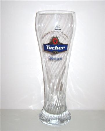beer glass from the Tucher Brau brewery in Germany with the inscription 'Tucher Bier In Aller welt Seit1672 Tucher Weizen'
