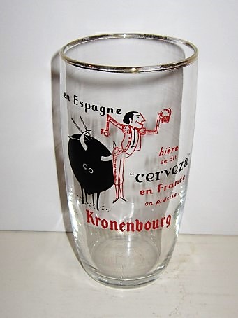 beer glass from the Kronenbourg brewery in France with the inscription 'En Espagne Biere Se Dit Cerveza En France Kronenbourg'