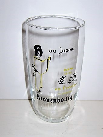 beer glass from the Kronenbourg brewery in France with the inscription 'Au Japan Biere Se Dit Biirow En France Kronenbourg'