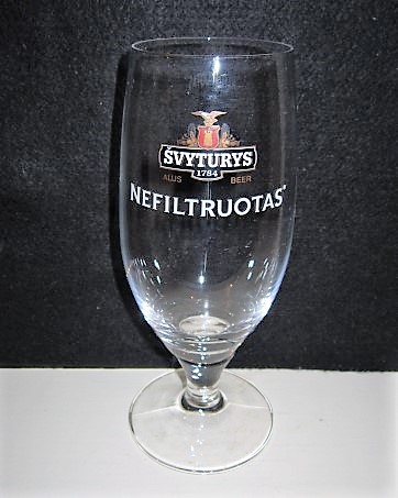 beer glass from the Svyturys-Utenos Alus brewery in Lithuania with the inscription 'Svyturys 1784 Alus Beer Nefiltruotas'