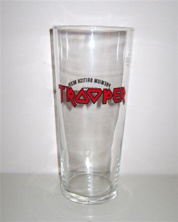 beer glass from the Robinsons brewery in England with the inscription 'Trooper Premium British Beer. Hand Crafted By Robinsons Brewery'