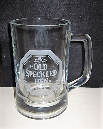beer glass from the Morland  brewery in England with the inscription 'EST 1711 Morland Old Speckled Hen Crafted Fine Ale'