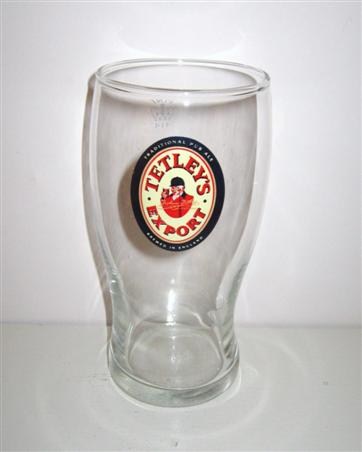 beer glass from the Tetley's brewery in England with the inscription 'Tetley's Export Traditional Pub Ale Brewed In England'