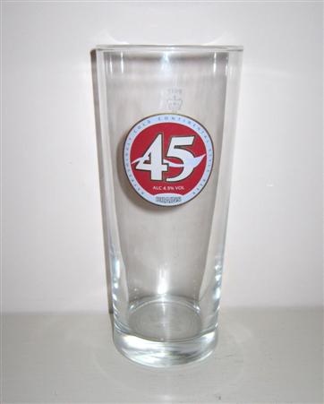 beer glass from the SA Brain brewery in Wales with the inscription '45 Alc 4.5% Vol Brains. Refeshinglyy Cold Continental Style Beer'