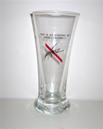 beer glass from the Matthew Clark  brewery in England with the inscription 'Pipz. As Strong As Most Lagers'