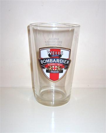 beer glass from the Charles Wells brewery in England with the inscription 'Wells Bombardier English Premium Bitter'