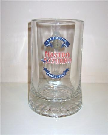 beer glass from the Peroni brewery in Italy with the inscription 'Nastro Azzurro Premium Birra Beer Peroni 1846'