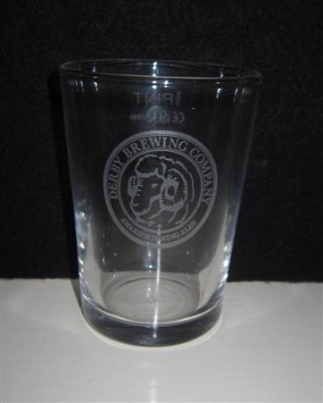 beer glass from the Derby  brewery in England with the inscription 'Derby Brewing Co . Award Winning Ales'
