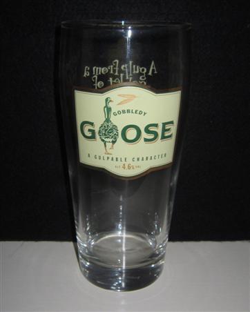 beer glass from the Hall & Woodhouse brewery in England with the inscription 'Gobbledy Goose. A Gulpable Character ALC 4.6% VolL'